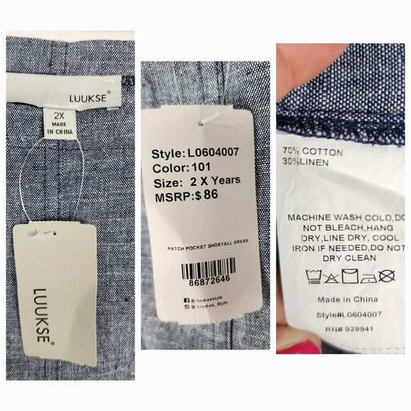 Luukse Cotton Linen Overall Dress in Blue with Patch Pockets Size 2X - Picture 2 of 16